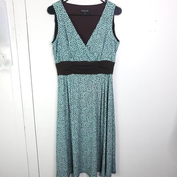 Perceptions Dress Womens 10P Empire Waist Babydoll Y2K Blue Brown Florals Midi - Picture 1 of 8